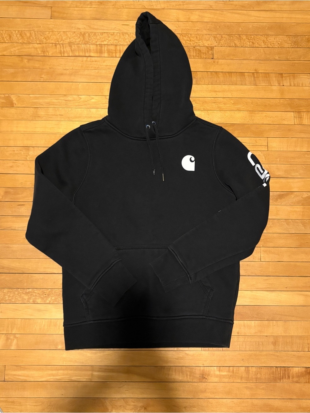 Carhartt Black Hoodie with White Chest Logo and Sleeve Print